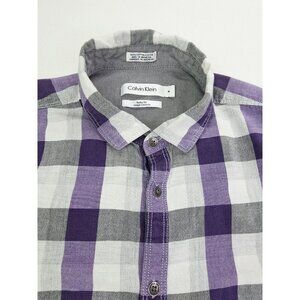 Calvin Klein Body Fit Size Medium Mens Purple Gray White Check Logo Tag Shirt